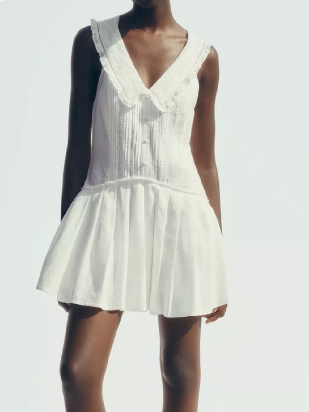 Zara White Sleeveless V-Neck Mini Dress with Ruffle Collar